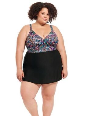 Plus-Size Paisley-Print Swimsuit with Black Skirt